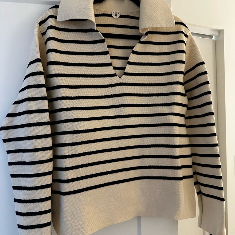 Arket Cream and Black Striped V-Neck Sweater